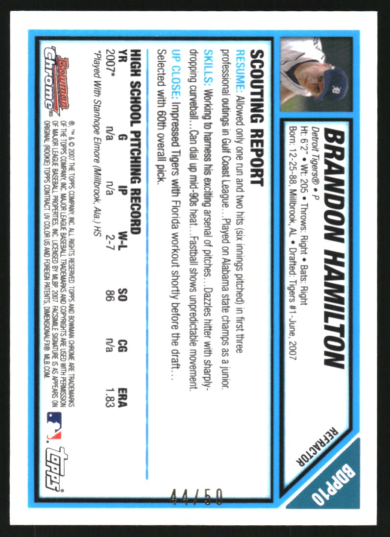 2007 Bowman Chrome Draft Draft Picks Gold Refractors #BDPP10 Brandon Hamilton