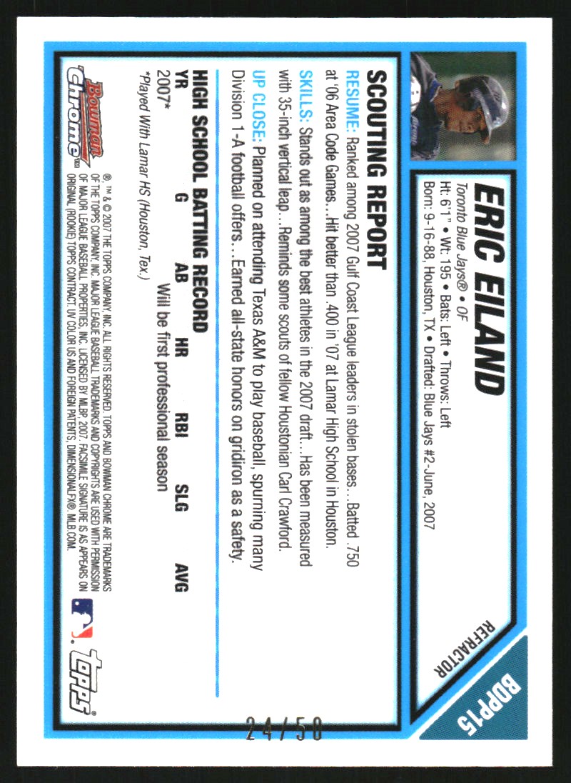 2007 Bowman Chrome Draft Draft Picks Gold Refractors #BDPP15 Eric Eiland