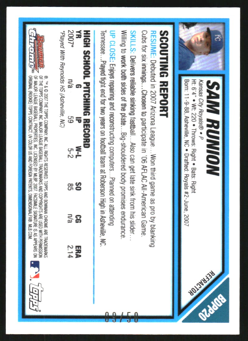 2007 Bowman Chrome Draft Draft Picks Gold Refractors #BDPP20 Sam Runion