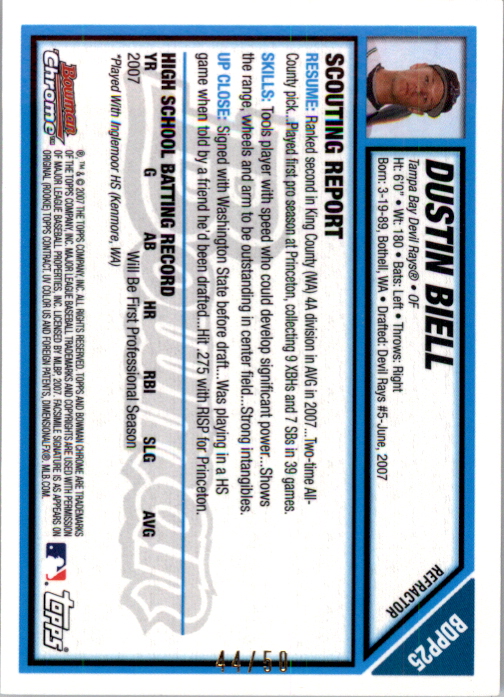 2007 Bowman Chrome Draft Draft Picks Gold Refractors #BDPP25 Dustin Biell back image