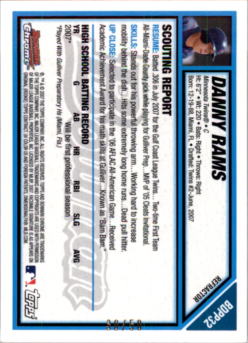 2007 Bowman Chrome Draft Draft Picks Gold Refractors #BDPP32 Danny Rams