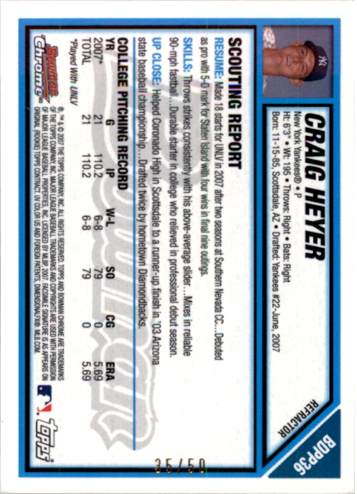 2007 Bowman Chrome Draft Draft Picks Gold Refractors #BDPP36 Craig Heyer