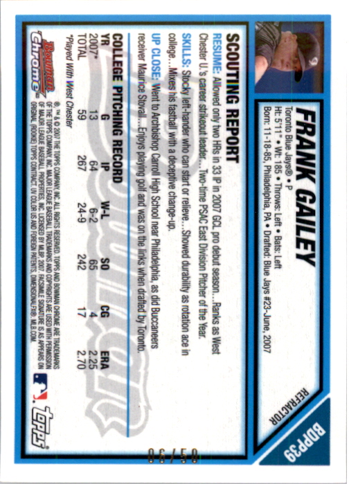 2007 Bowman Chrome Draft Draft Picks Gold Refractors #BDPP39 Frank Gailey
