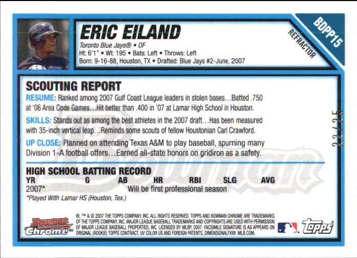 2007 Bowman Chrome Draft Draft Picks Orange Refractors #BDPP15 Eric Eiland