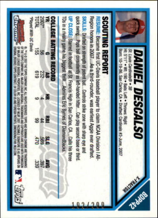 2007 Bowman Chrome Draft Draft Picks X-Fractors #BDPP42 Daniel Descalso