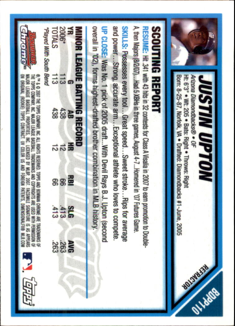 2007 Bowman Chrome Draft Future's Game Prospects Refractors #BDPP110 Justin Upton back image