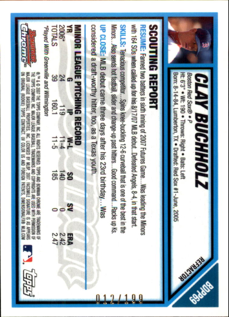 2007 Bowman Chrome Draft Future's Game Prospects Blue Refractors #BDPP69 Clay Buchholz back image