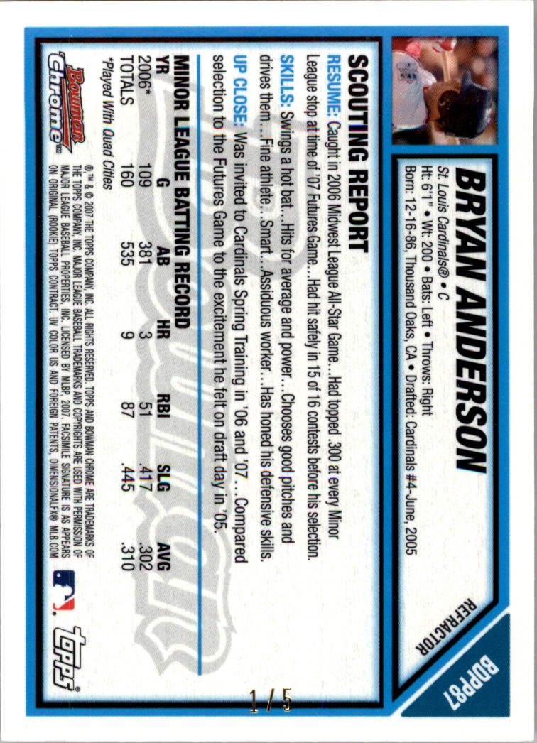 2007 Bowman Chrome Draft Future's Game Prospects Red Refractors #BDPP87 Bryan Anderson back image