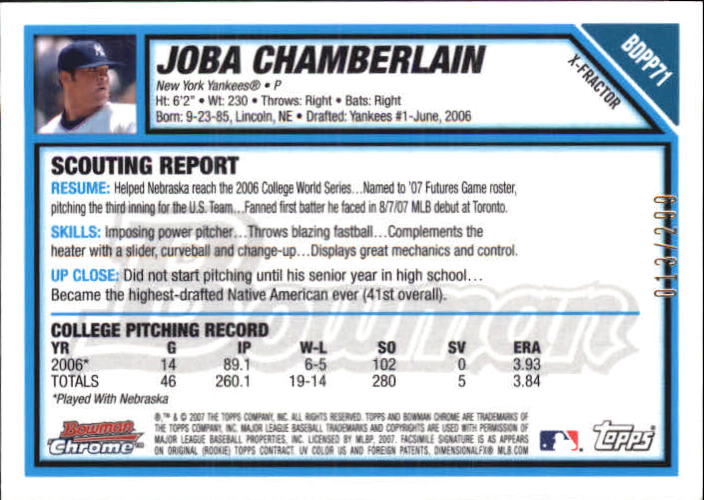 2007 Bowman Chrome Draft Future's Game Prospects X-Fractors #BDPP71 Joba Chamberlain back image