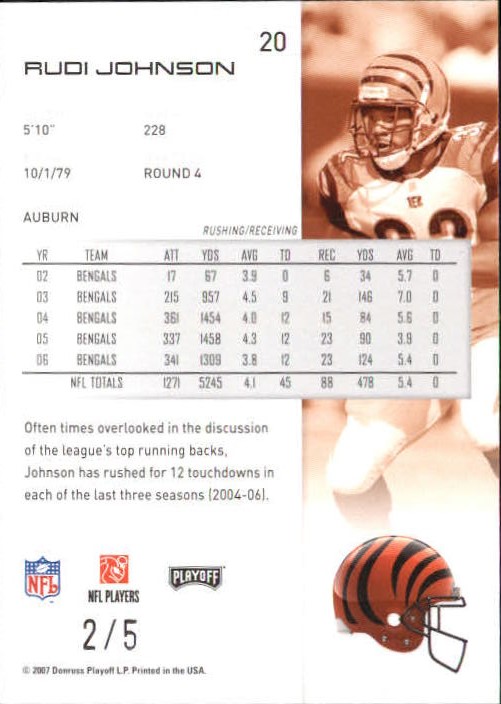 2007 Playoff NFL Playoffs Black Proof #20 Rudi Johnson 2/5