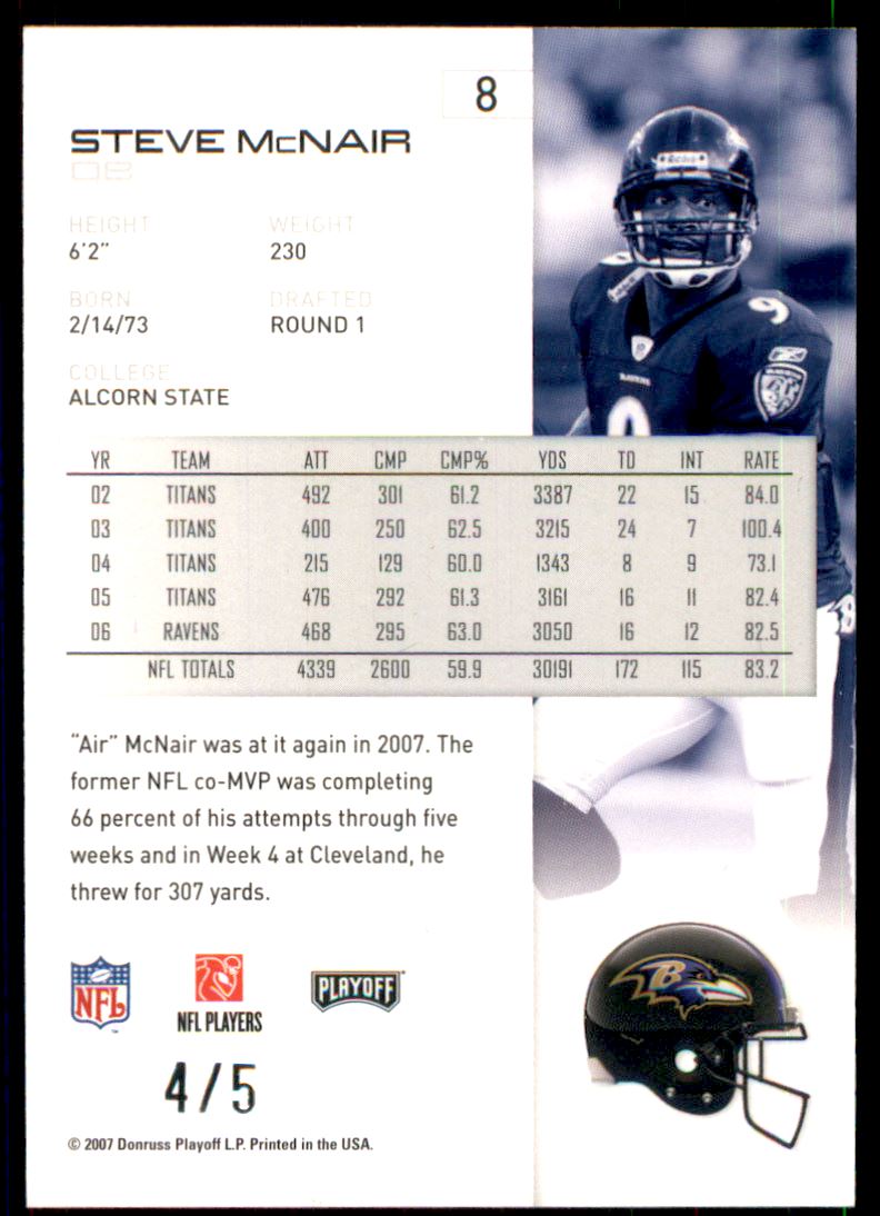 2007 Playoff NFL Playoffs Platinum Proof #8 Steve McNair Serial #'d to only 5 Copies