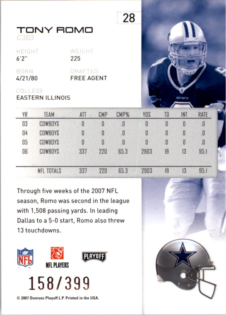 2007 Playoff NFL Playoffs Red Metalized #28 Tony Romo back image