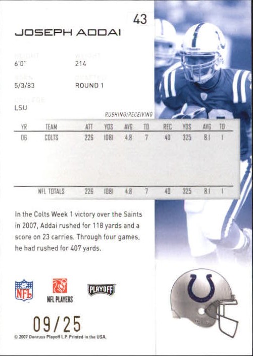 2007 Playoff NFL Playoffs Gold Holofoil #43 Joseph Addai