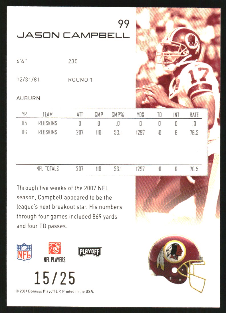 2007 Playoff NFL Playoffs Gold Holofoil #99 Jason Campbell