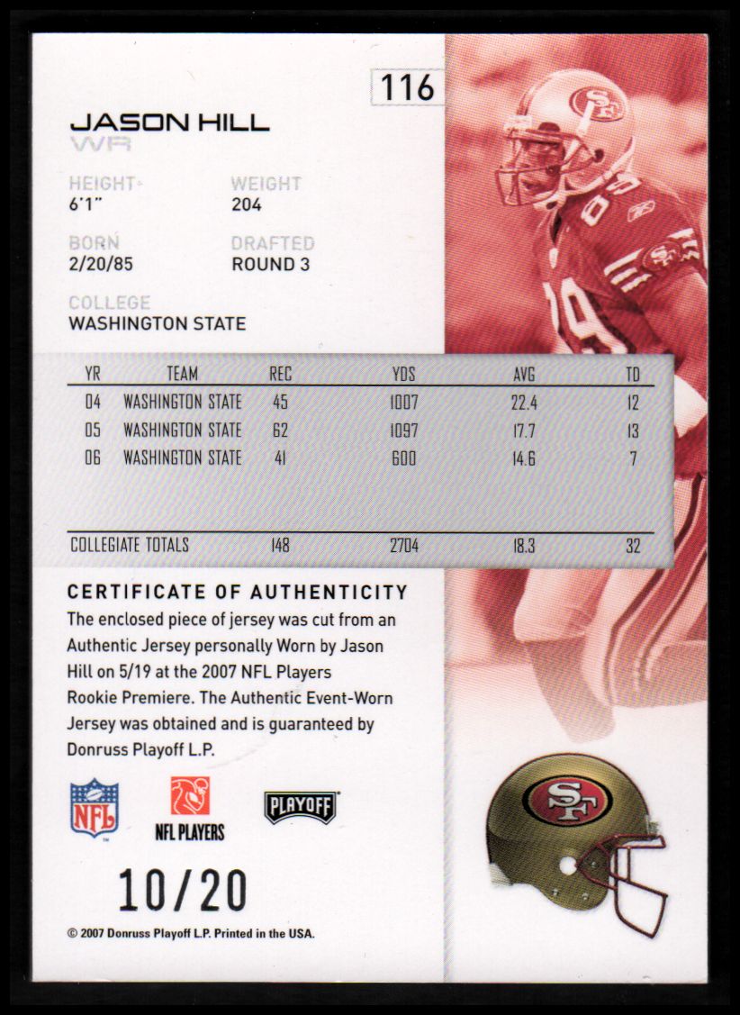 2007 Playoff NFL Playoffs Materials Red Prime #116 Jason Hill back image