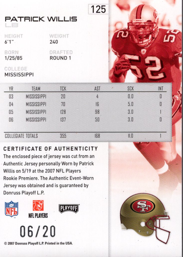 2007 Playoff NFL Playoffs Materials Red Prime #125 Patrick Willis back image