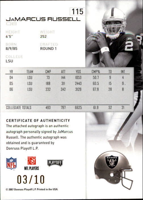 2007 Playoff NFL Playoffs Signatures Gold #115 JaMarcus Russell back image