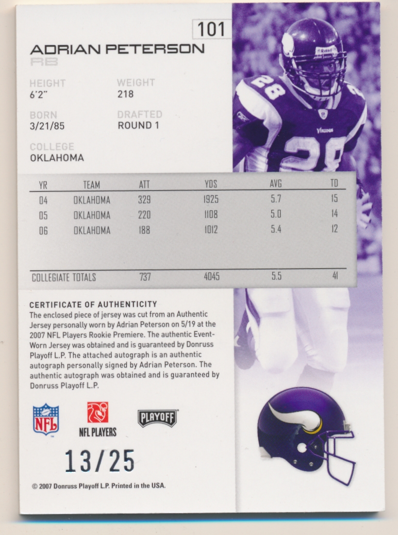 2007 Playoff NFL Playoffs Material Signatures Silver Prime #101 Adrian Peterson back image