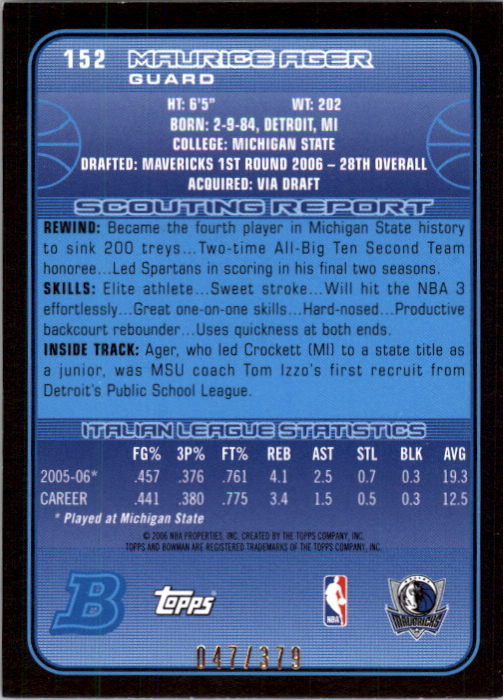 2006-07 Bowman Silver #152 Maurice Ager back image