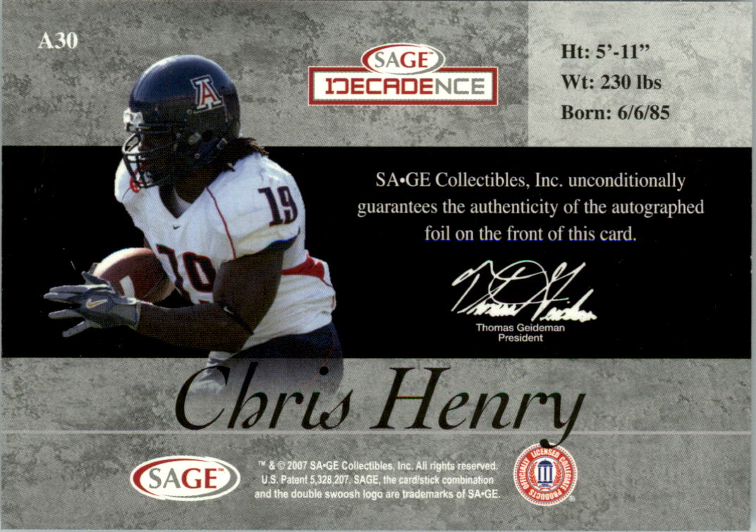 2007 SAGE DECADEnce Autographs Bronze #A30 Chris Henry RB back image