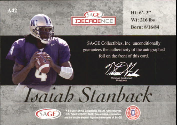 2007 SAGE DECADEnce Autographs Silver #A42 Isaiah Stanback back image