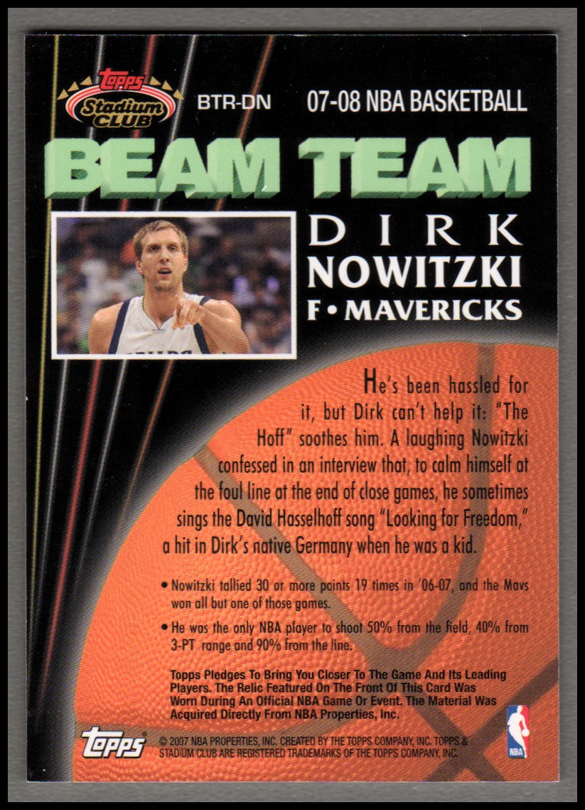 2007-08 Stadium Club Beam Team Relics #DN Dirk Nowitzki D back image