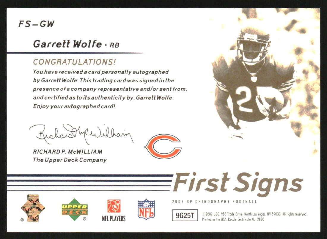 2007 SP Chirography First Signs Gold #FSGW Garrett Wolfe back image