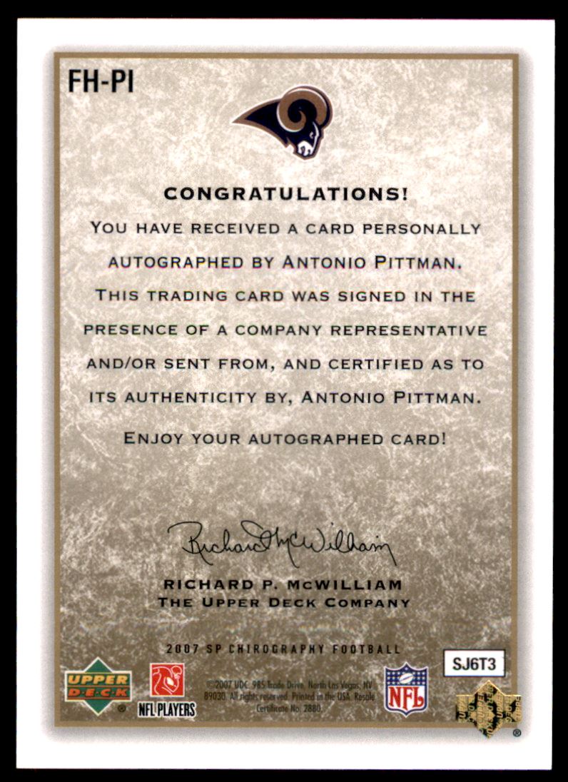 2007 SP Chirography Football Heroes Autographs Gold #FHPI Antonio Pittman/99 back image