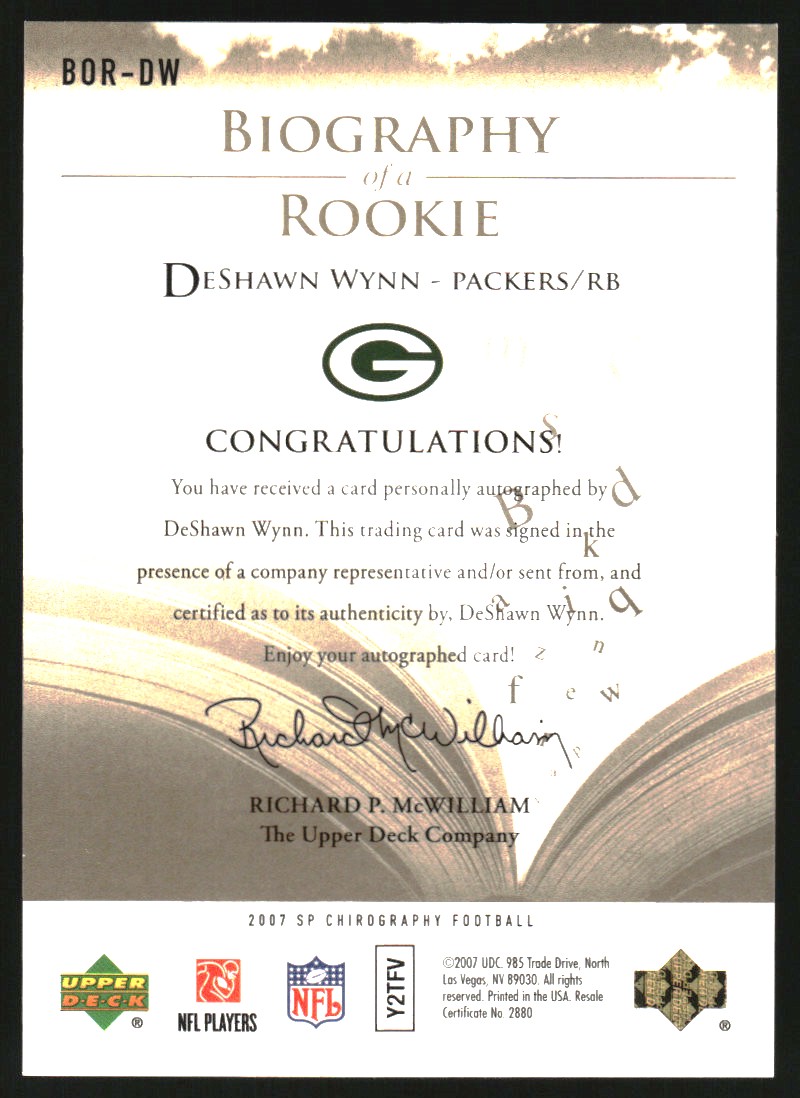 2007 SP Chirography Biography of a Rookie Autographs Gold #BORDW DeShawn Wynn back image