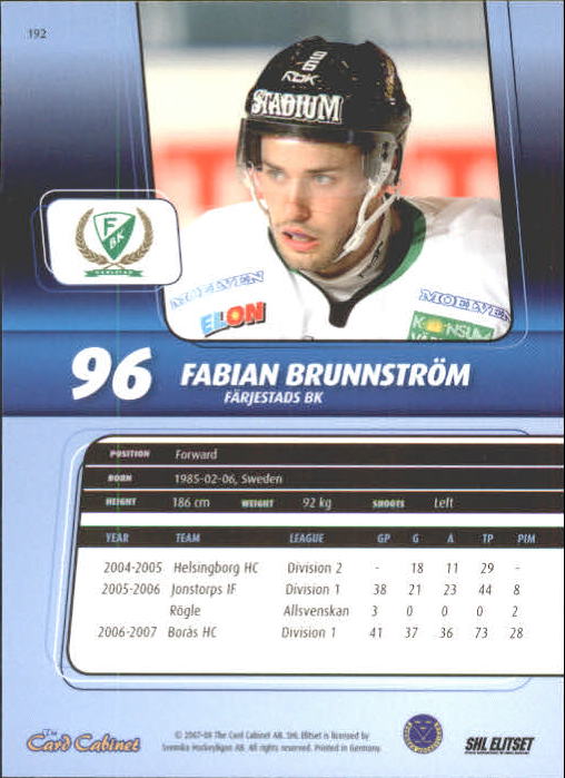 2007-08 Swedish SHL Elitset #192 Fabian Brunnstrom back image