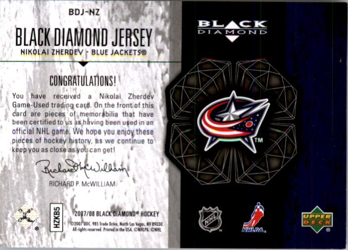 2007-08 Black Diamond Jerseys Ruby Dual #BDJNZ Nikolai Zherdev back image