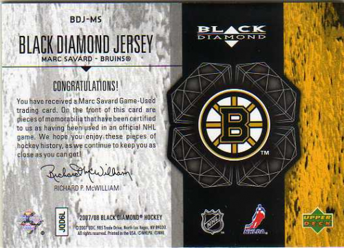 2007-08 Black Diamond Jerseys Black Quad #BDJMS Marc Savard back image