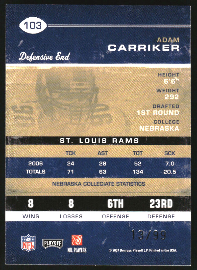 2007 Playoff Contenders Playoff Ticket #103 Adam Carriker back image