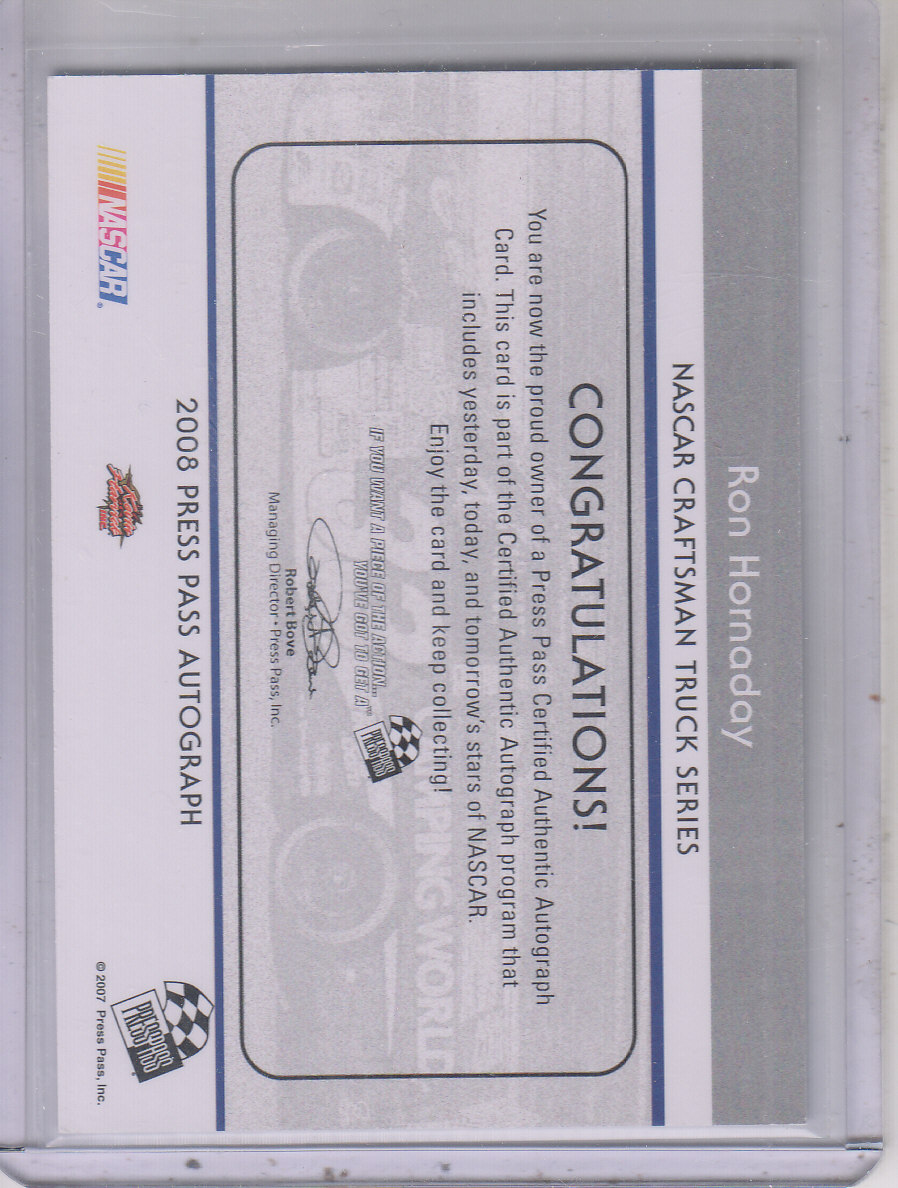 2008 Press Pass Autographs #18 Ron Hornaday CTS P/E back image