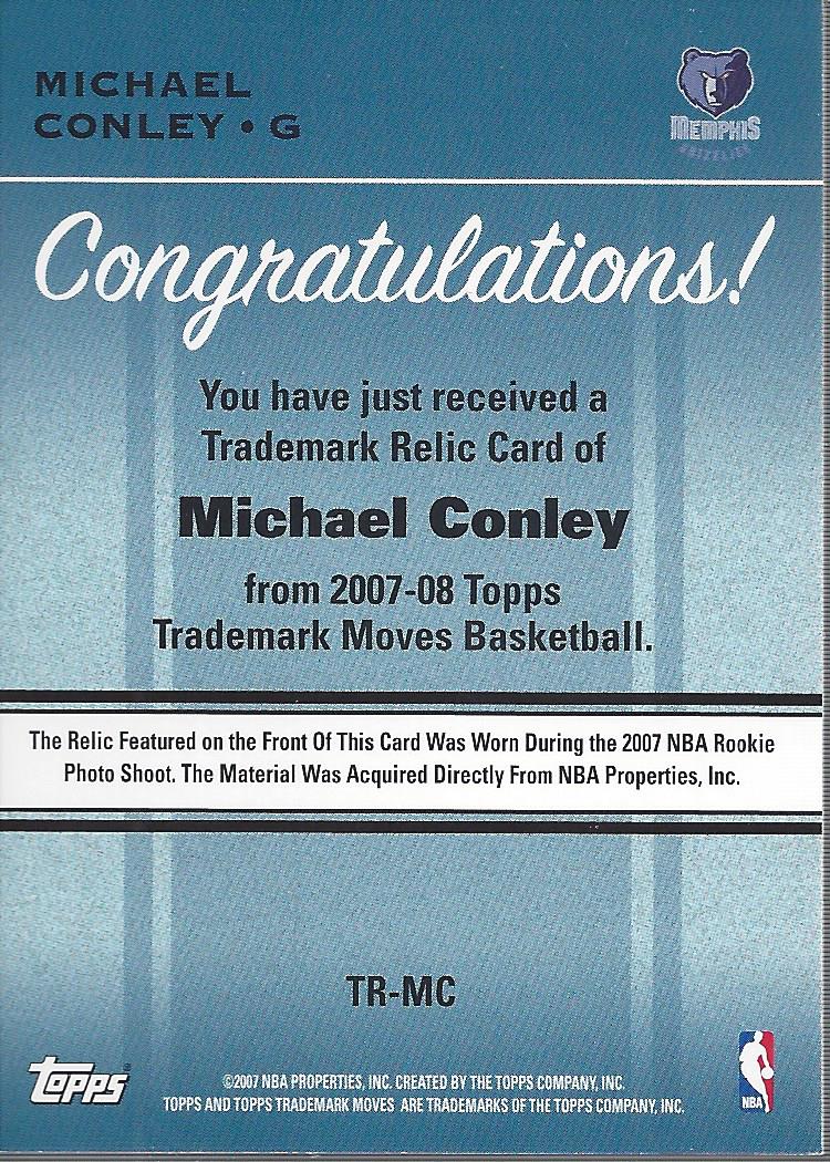 2007-08 Topps Trademark Moves Relics #MC Mike Conley Jr. back image
