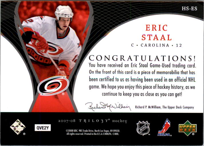 2007-08 Upper Deck Trilogy Honorary Swatches #HSES Eric Staal back image