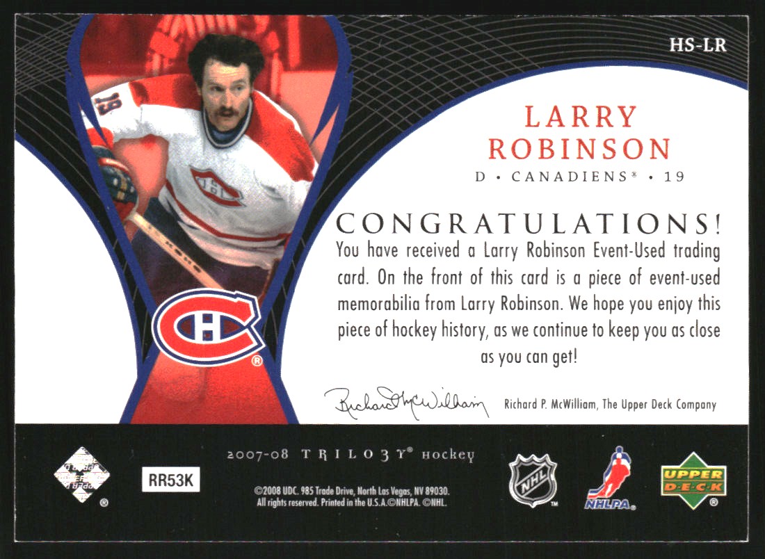 2007-08 Upper Deck Trilogy Honorary Swatches #HSLR Larry Robinson back image