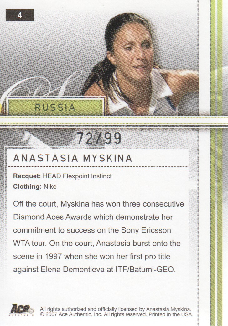 2007 Ace Authentic Straight Sets Holofoil #4 Anastasia Myskina back image