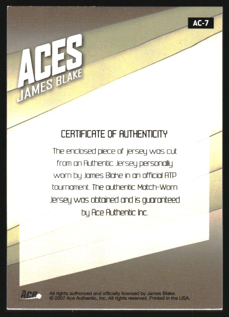2007 Ace Authentic Straight Sets Aces Materials #AC7 James Blake back image