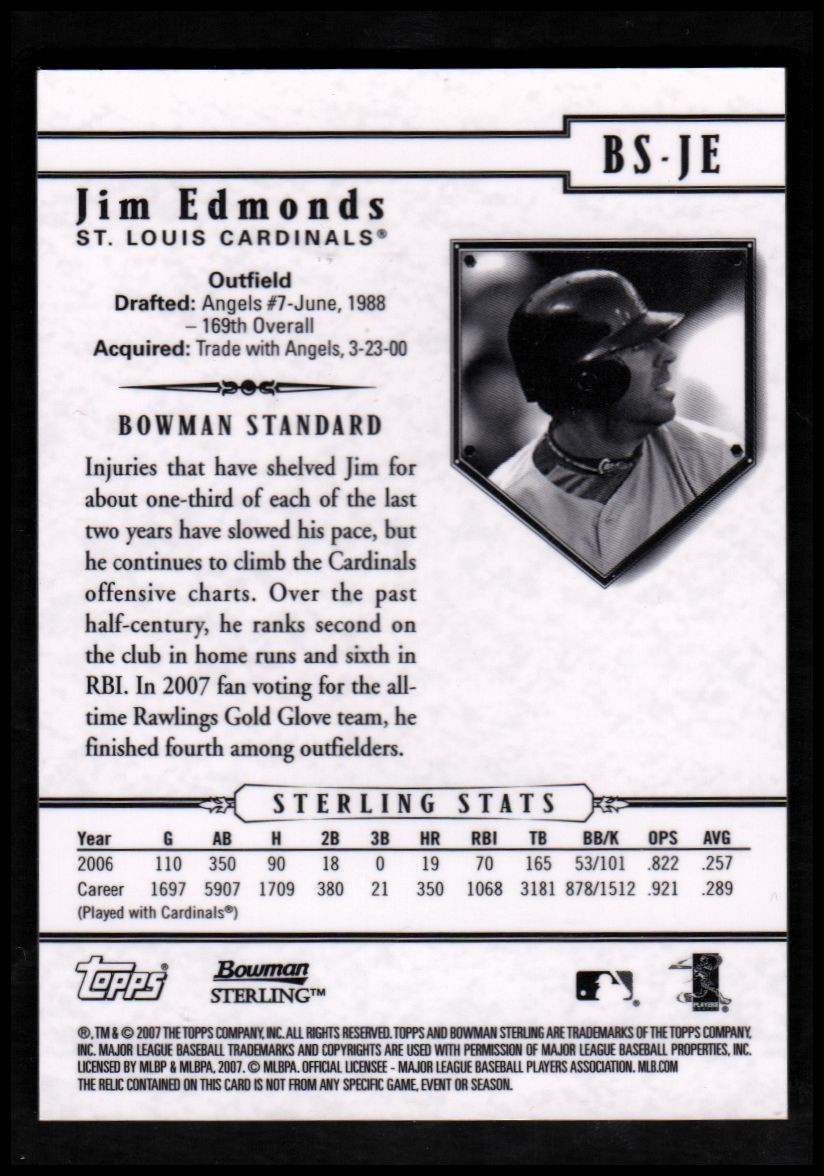 2007 Bowman Sterling #JE Jim Edmonds Jsy B back image