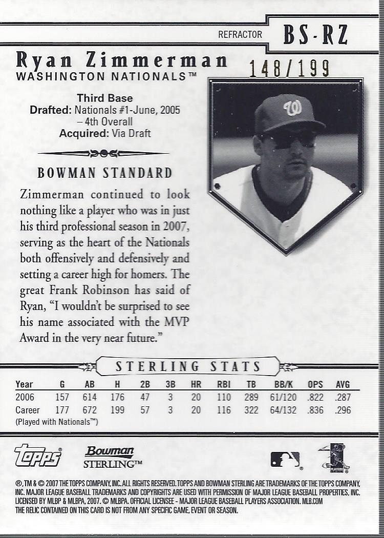 2007 Bowman Sterling Refractors #RZ Ryan Zimmerman Bat back image