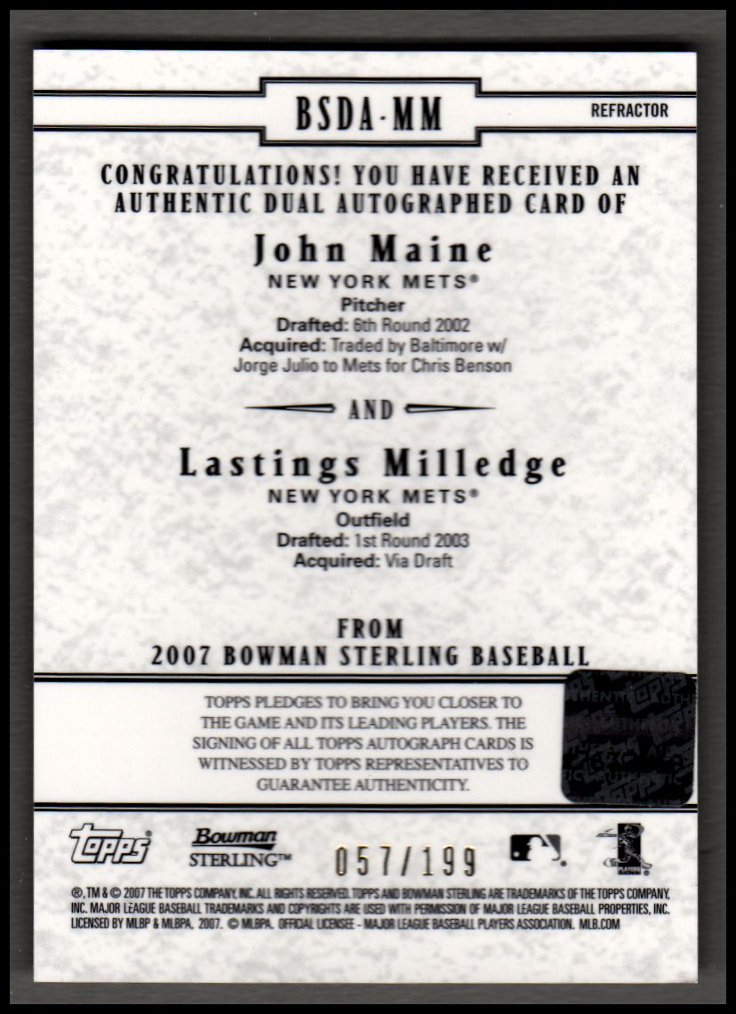 2007 Bowman Sterling Dual Autographs Refractors #MM John Maine/Lastings Milledge back image