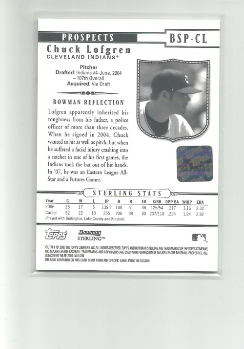 2007 Bowman Sterling Prospects #CL Chuck Lofgren Jsy AU back image