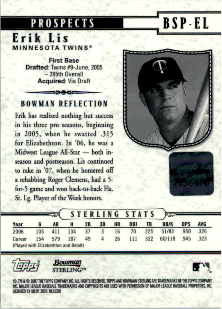 2007 Bowman Sterling Prospects #EL Erik Lis AU back image