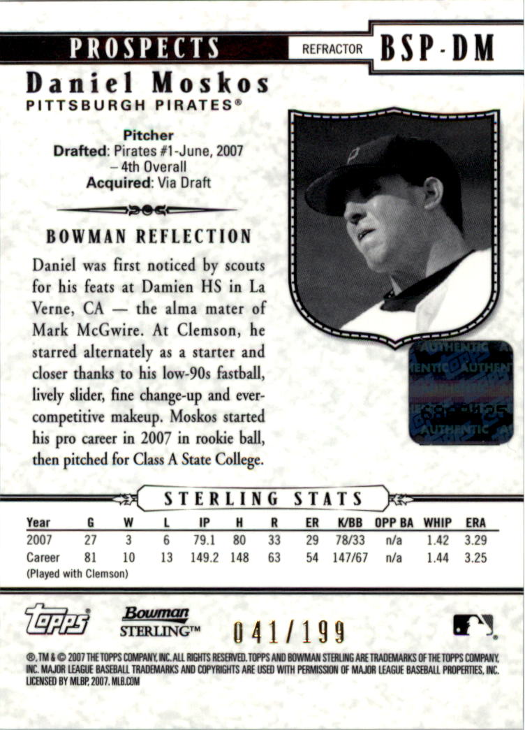 2007 Bowman Sterling Prospects Refractors #DM Daniel Moskos AU back image