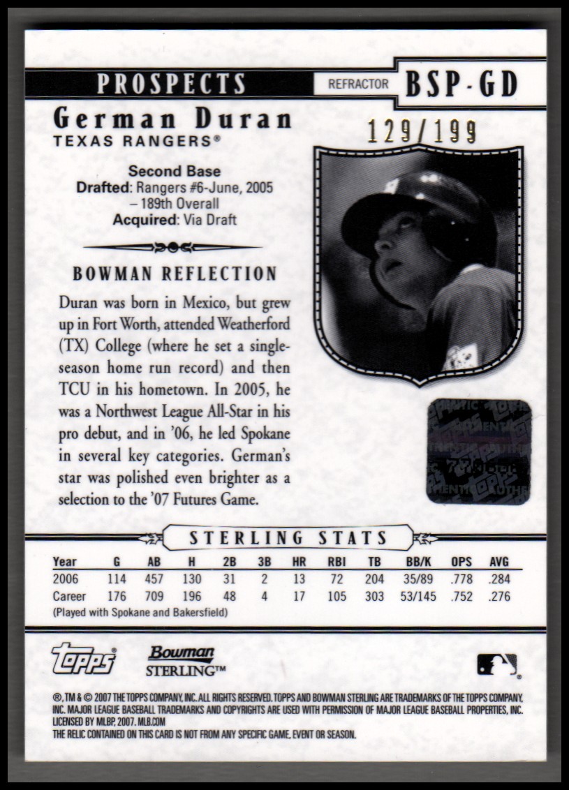 2007 Bowman Sterling Prospects Refractors #GD German Duran Jsy AU back image