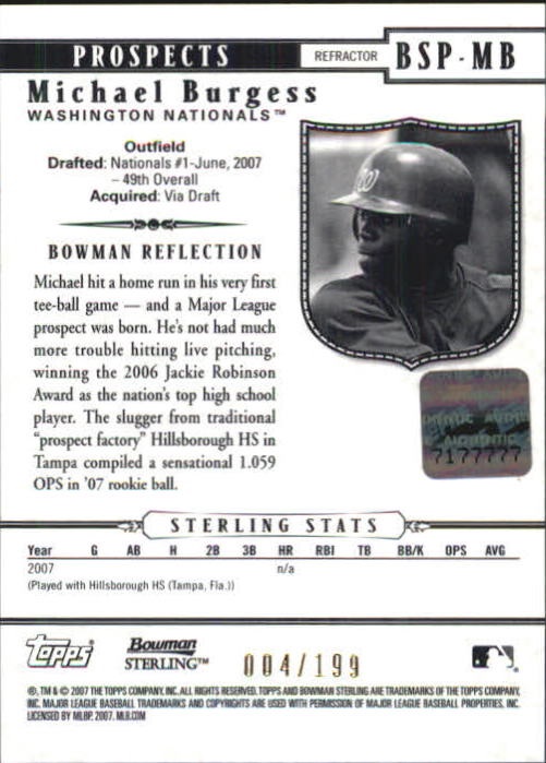 2007 Bowman Sterling Prospects Refractors #MB Michael Burgess AU back image