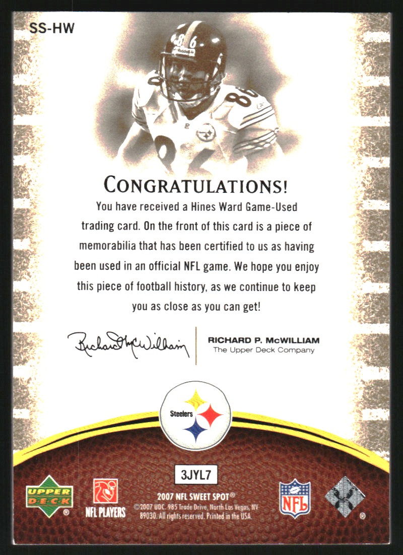 2007 Sweet Spot Sweet Swatch Jersey Patches #SSHW Hines Ward back image