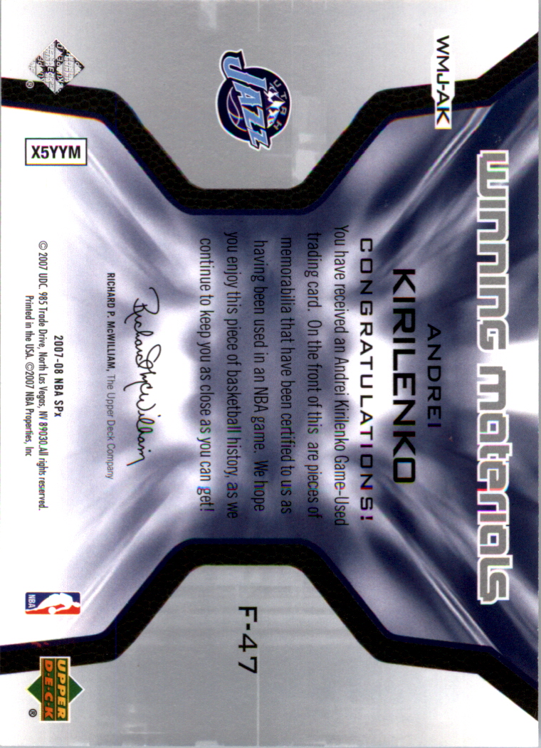 2007-08 SPx Winning Materials Jersey Numbers #AK Andrei Kirilenko back image
