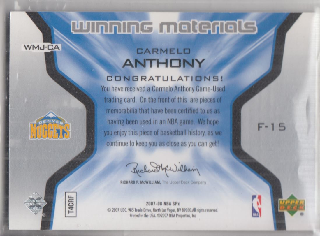 2007-08 SPx Winning Materials Jersey Numbers #CA Carmelo Anthony back image